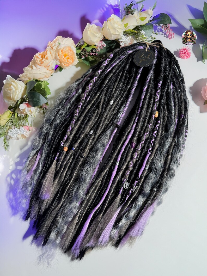 Black & Silver Dark Gray Synthetic Boho Dreadlock Extensions: Handmade Crochet Dreads image 2