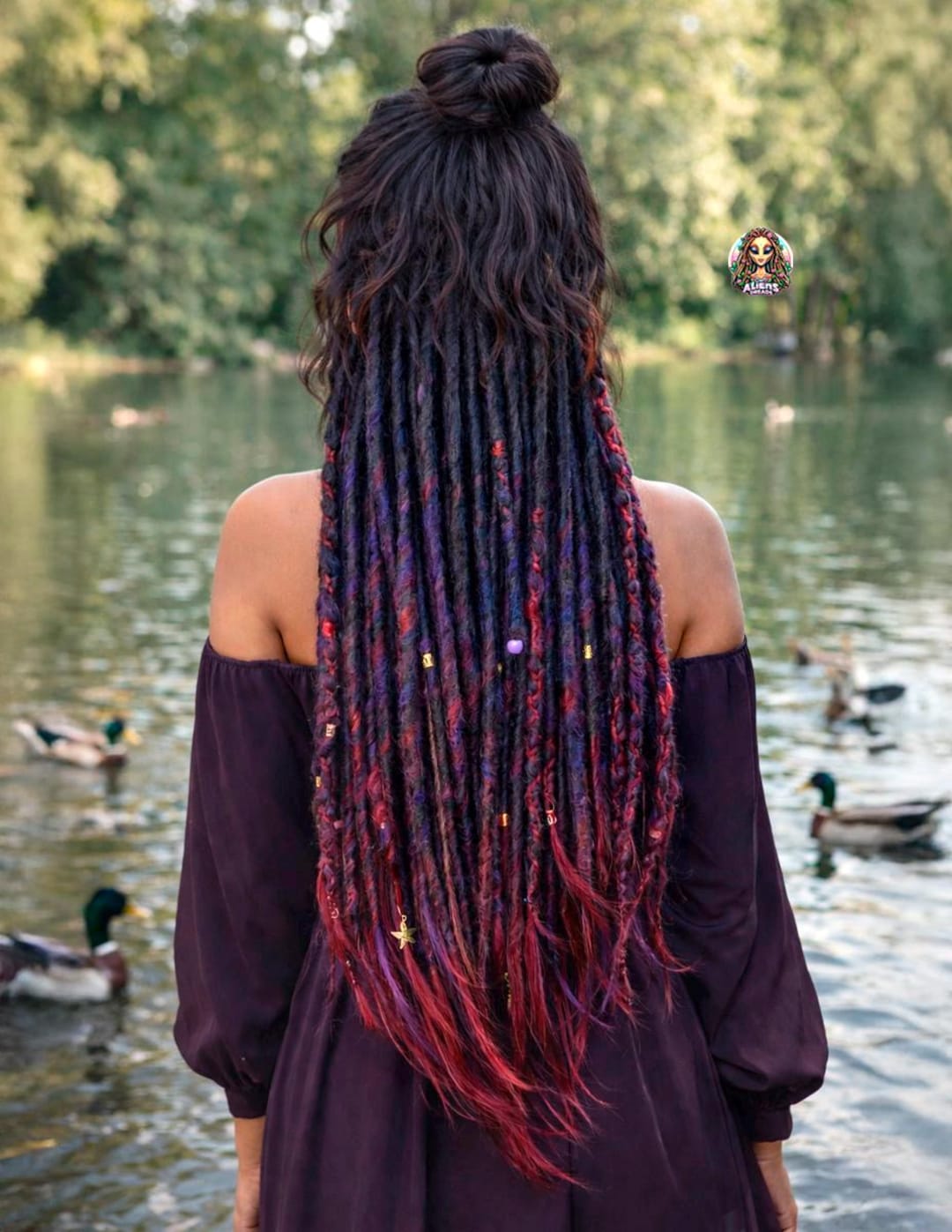 Burgundy Wine Red Synthetic Dreads: Black Purple Wrap Locs  display picture 3