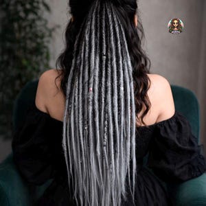 Black & Silver Gray Kanekalon Dreadlock Extensions: Boho Viking Hair with Beads