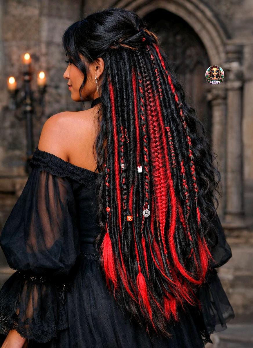 Black & Red Synthetic Dreadlock Extensions: Braided 