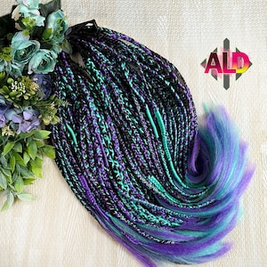 Dunkelbraun & lila türkis Boho Zöpfe Erweiterungen Kunsthaar, Viking Wrap Braids, Dreadlock voller Kopf, kanekalon de se