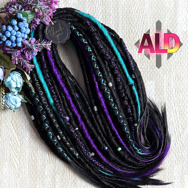 Black with purple & turquoise touch synthetic dreads extensions, Double ended dreadlock extensions, Dread locks, Kanekalon hair extensions