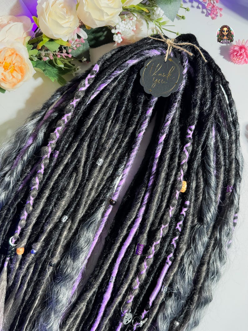 Black & Silver Dark Gray Synthetic Boho Dreadlock Extensions: Handmade Crochet Dreads image 5