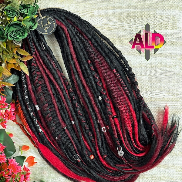 Black and red synthetic dreads & braids extensions, Dreadlock extensions, Kanekalon braiding hair extensions, Double ended synthetic dreads