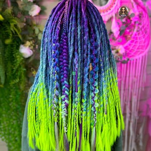 Rainbow Purple Green Synthetic Dreadlock Extensions: Crochet Handmade Dreads