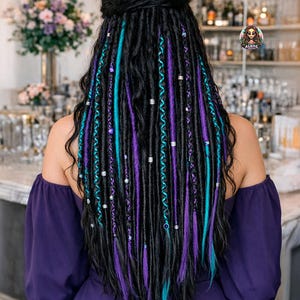 Black, Purple & Turquoise Synthetic Dreadlock Extensions - Kanekalon Dreads