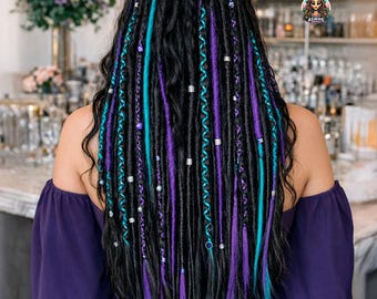 Black, Purple & Turquoise Synthetic Dreadlock Extensions - Kanekalon Dreads
