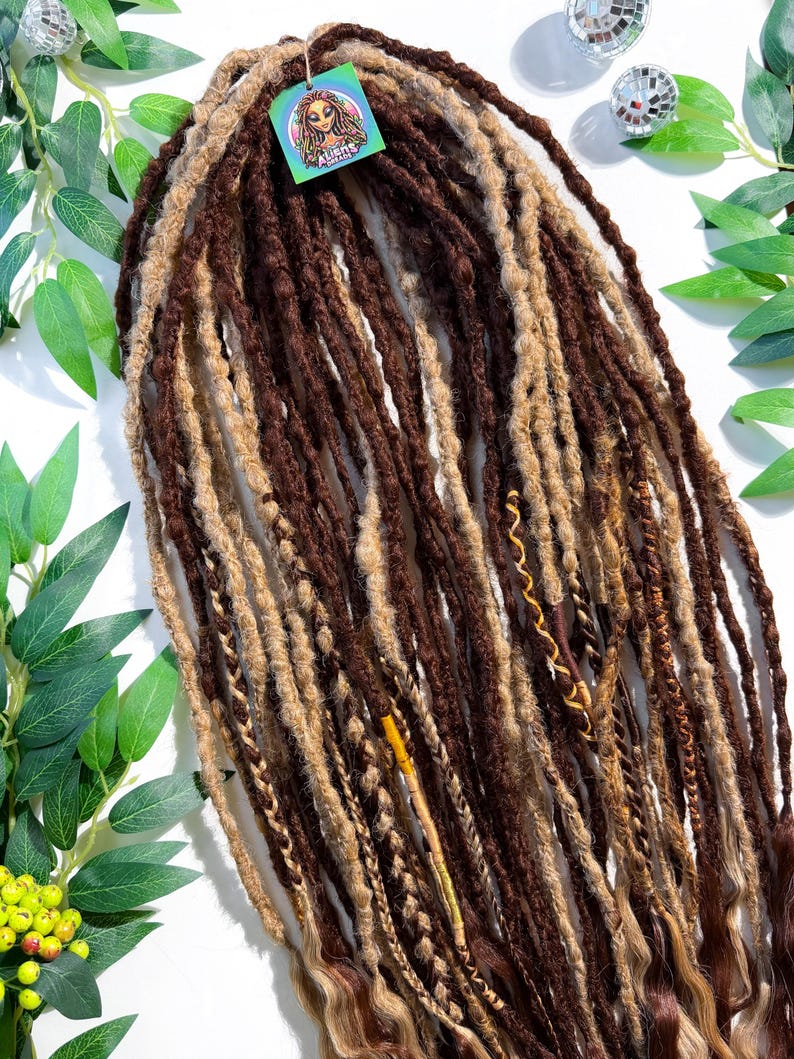 May include: A collection of brown and blonde dreadlocks, some with wavy ends, arranged on a white surface. A tag with a logo of a woman's face is attached. Green leaves and decorative mirrored balls are in the background.