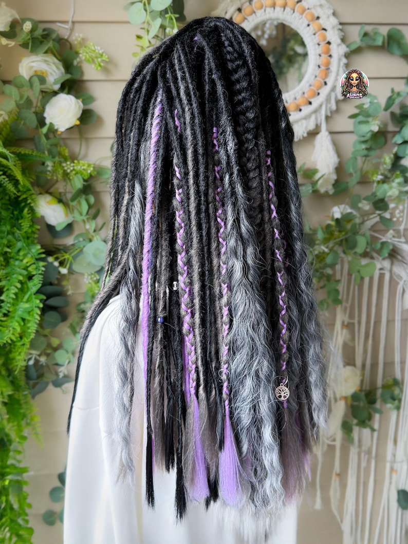 Black & Silver Dark Gray Synthetic Boho Dreadlock Extensions: Handmade Crochet Dreads image 3