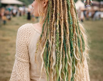 Boho Blonde & Green Synthetic Dreadlock Extensions: Texture Handmade Dreads SE or DE, Kanekalon Hair