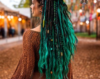 Dark Brown & Green Ombre Synthetic Dreadlock Extensions: Handmade Crochet Festival Hair Dreads