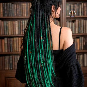 Black & Emerald Green Ombre Synthetic Dreadlock Extensions: Viking Festival Crochet Dreads