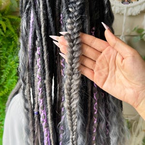 Black & Silver Dark Gray Synthetic Boho Dreadlock Extensions: Handmade Crochet Dreads image 4