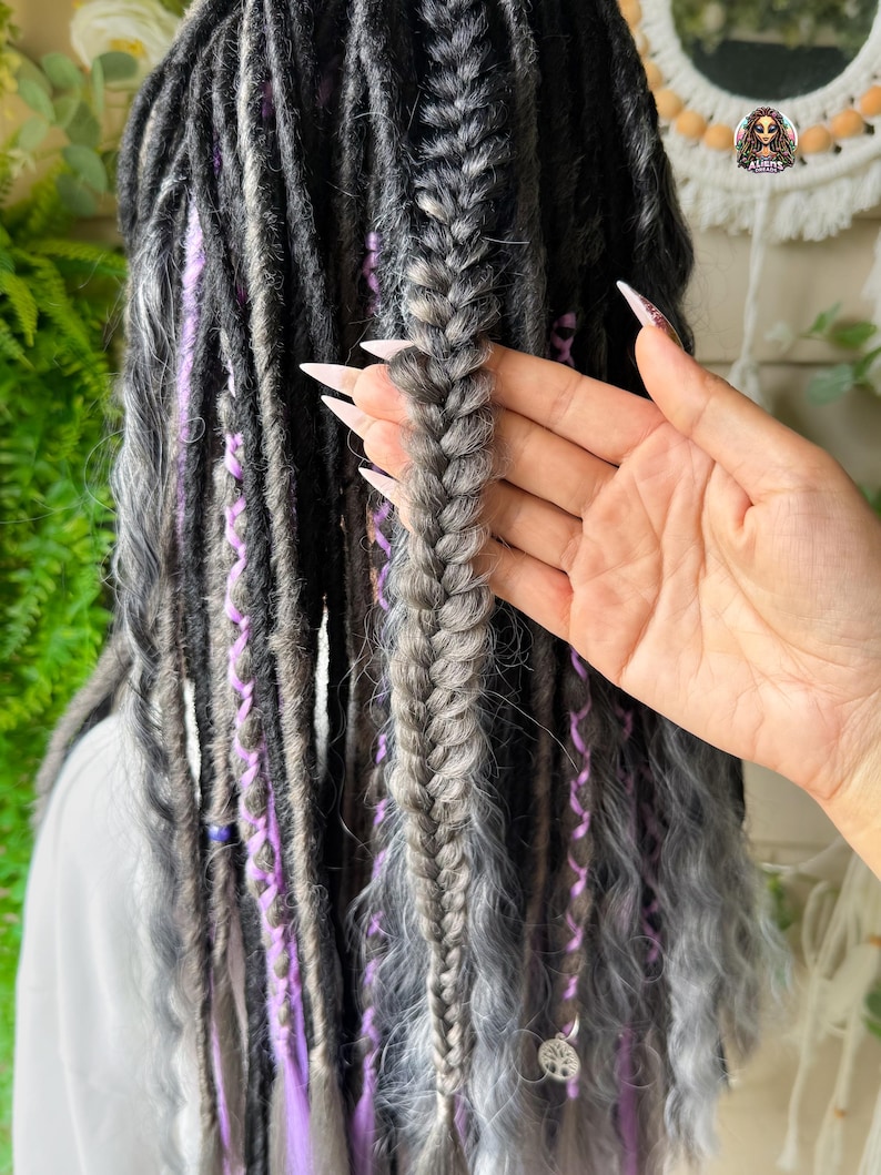 Black & Silver Dark Gray Synthetic Boho Dreadlock Extensions: Handmade Crochet Dreads image 4