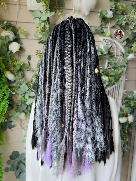 Black & Silver Dark Gray Synthetic Boho Dreadlock Extensions: Handmade Crochet Dreads