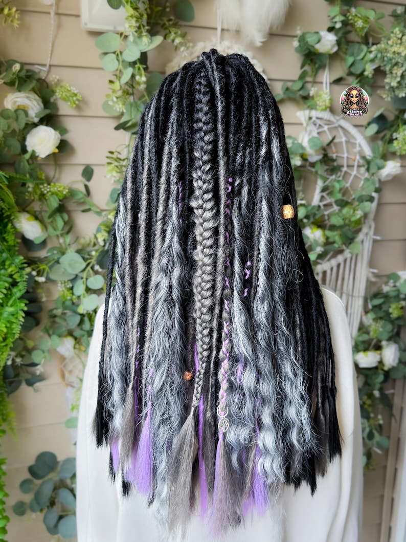 Black & Silver Dark Gray Synthetic Boho Dreadlock Extensions: Handmade Crochet Dreads image 1