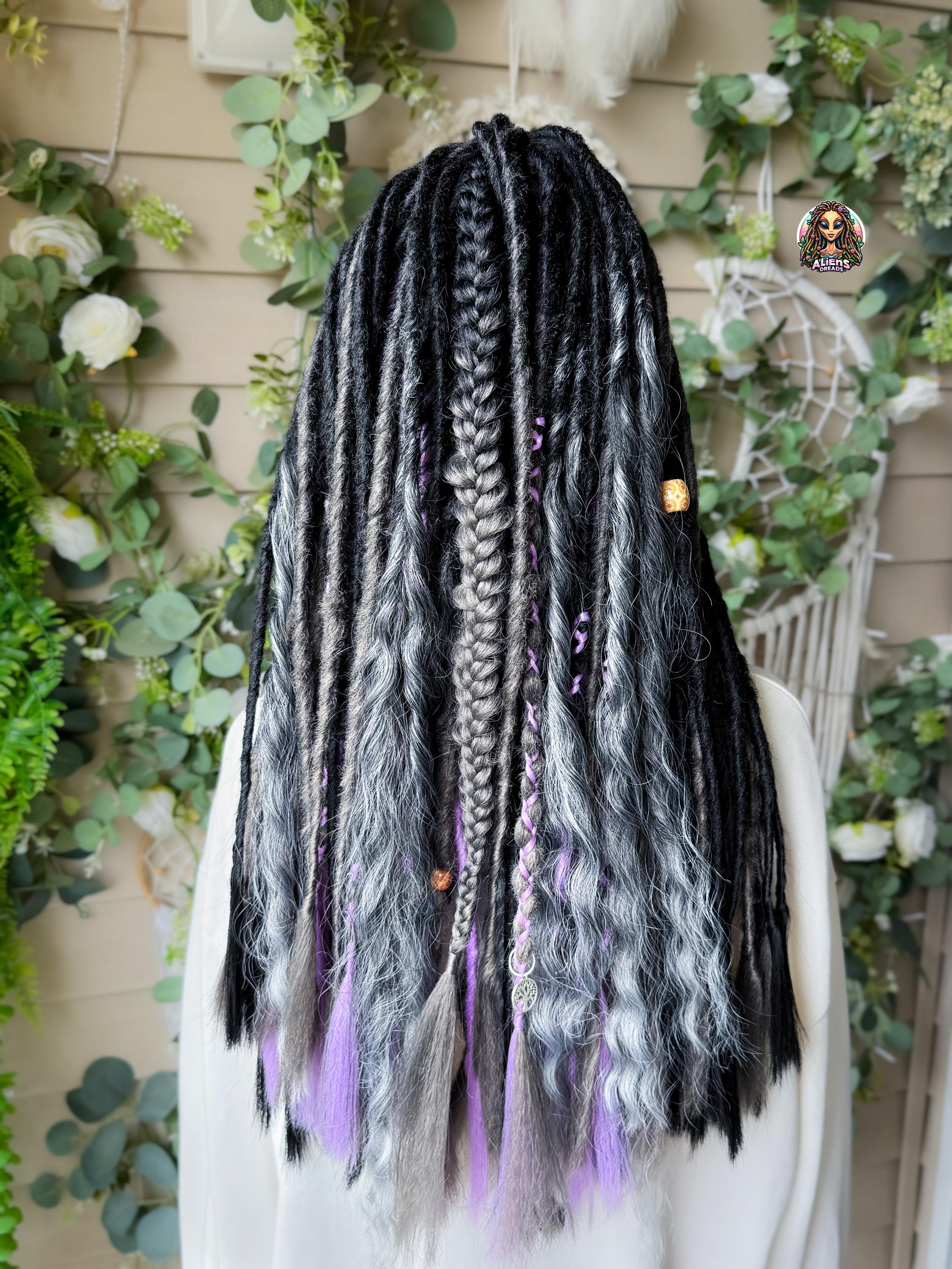 Black & Silver Dark Gray Synthetic Boho Dreadlock Extensions: Handmade Crochet Dreads