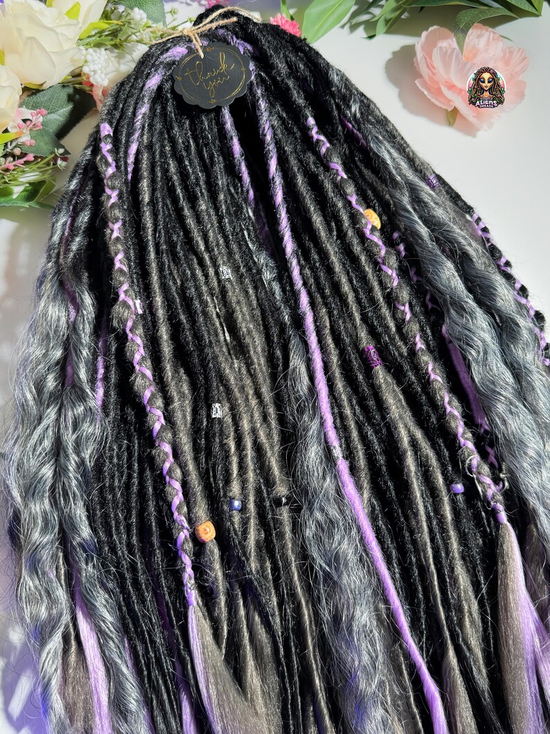 Black & Silver Dark Gray Synthetic Boho Dreadlock Extensions: Handmade Crochet Dreads image 8