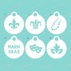 Mardi Gras Stencils | Mardi gras Cookies | Mardi gras Macarons | Masquarade stencils | King cake | Mardi gras dessert | Beaded necklace