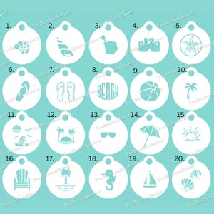 Beach stencils | ocean stencils | Beach theme cookies | beach ball stencils | Flip Flop Sandles | Sand Castle stencils | Palm tree stencils