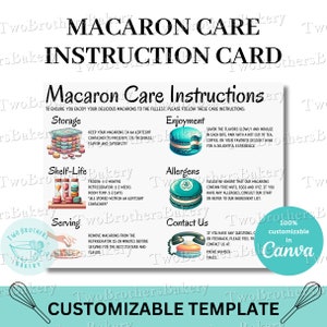 Verzorgingskaart voor macaron | Bewerkbare macaronkaart | Macaron-instructiesjabloon | Smaaksleutelkaart | Onderhoudsinstructies | Macaron-cadeaukaartje | Macarons