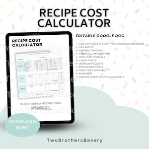 Rezeptkostenrechner, Preisleitfäden, Bakery Business Forms, Preisrechner, Produktpreisrechner, Bäckereipreisleitfaden, Rezept