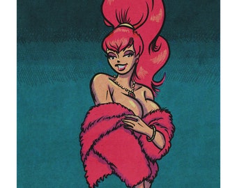 Red Bella_ Color Giclee Print Retro Classic  Pin-up Cotton Rag Paper