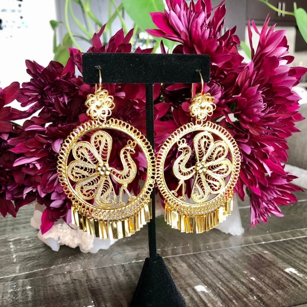 Folklorico Dance Mexican Gold Filigree Earrings, Peacock Md and Lg