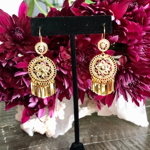 Folklorico Dance Mexican Gold Filigree Earrings Full Flower 