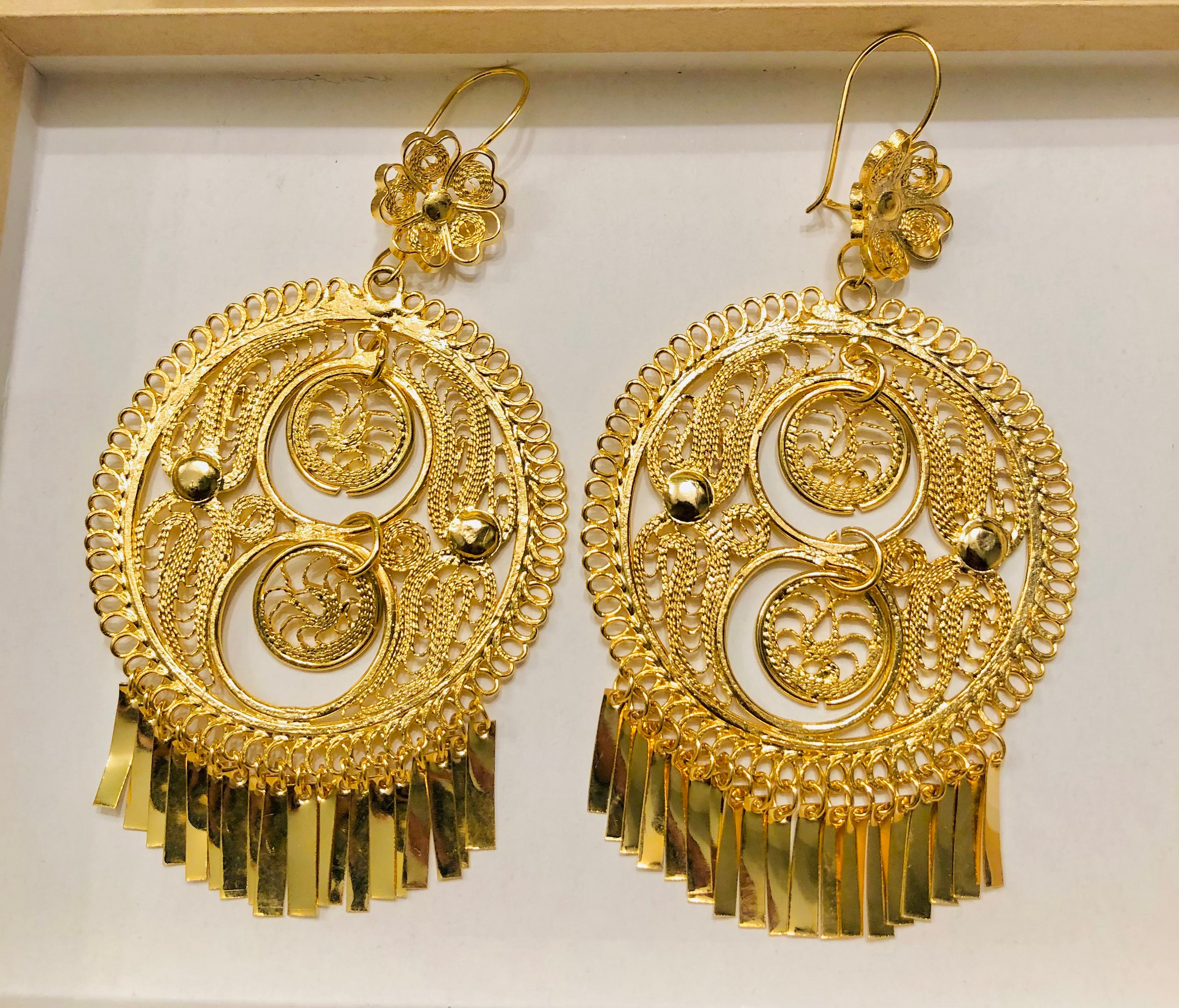 Folklorico Dance Mexican Gold Filigree Earrings Double Circle Etsy