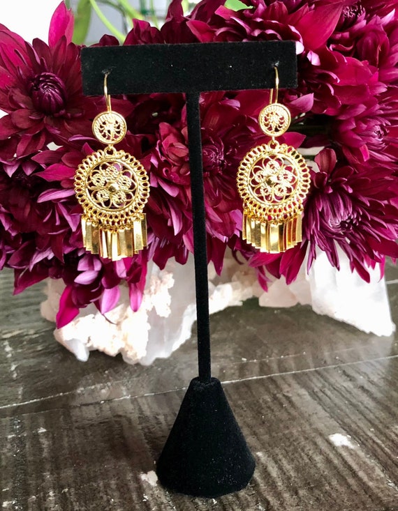 Folklorico Dance Mexican Gold Filigree Earrings Full Flower 