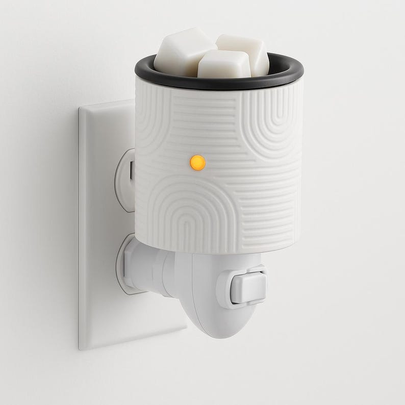 Peut inclure: Un diffuseur de cire &agrave; brancher blanc avec un bord noir et un motif g&eacute;om&eacute;trique. Le diffuseur contient des cubes de cire blancs et une lumi&egrave;re orange. Il est branch&eacute; dans une prise murale blanche.