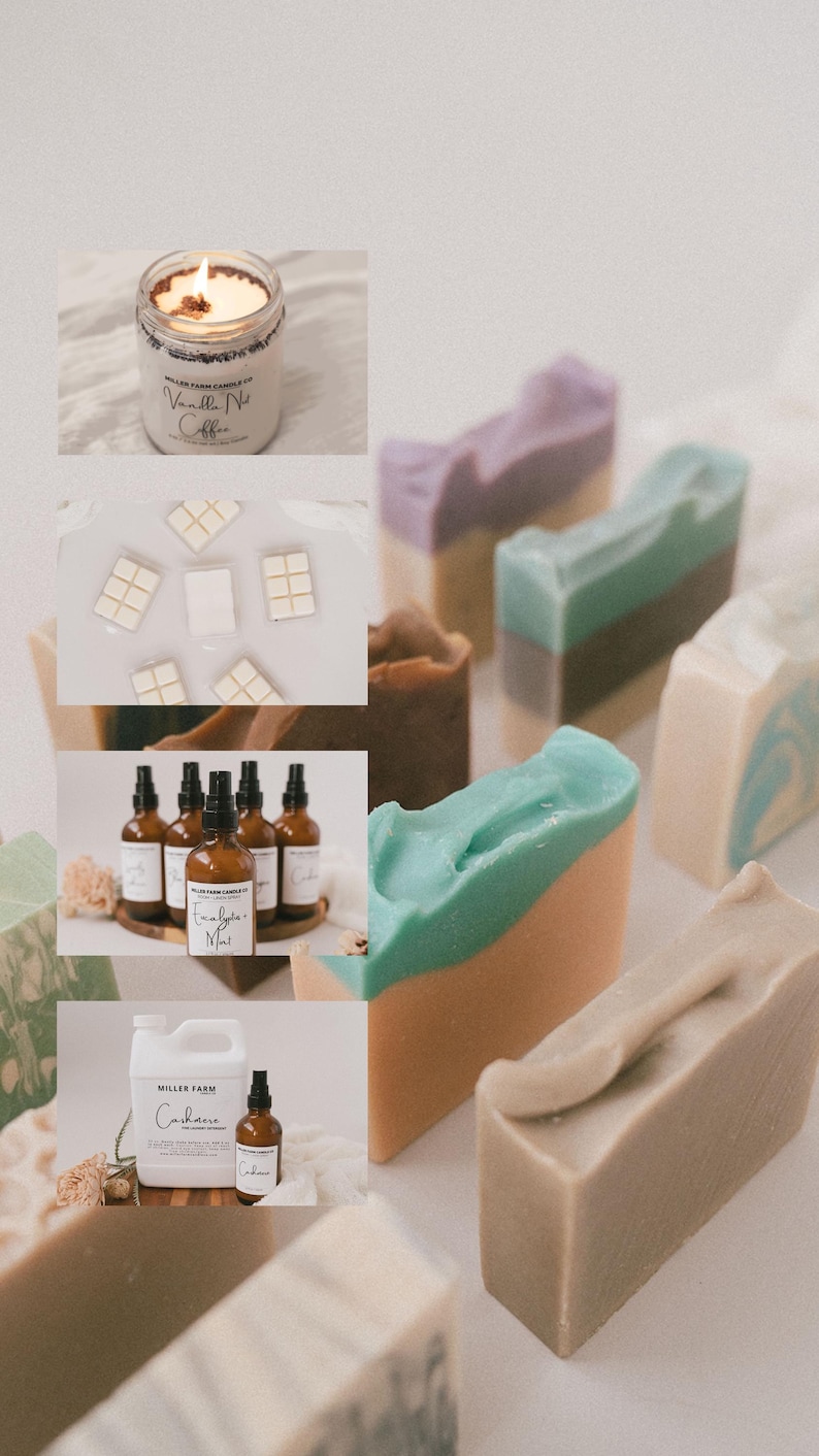 May include: A collection of handmade soaps, candles, and essential oil sprays. The soaps feature layered colors like teal, brown, and lavender. The candle is in a glass jar with the text "Vanilla Nut Coffee." Essential oil sprays are in amber bottles.