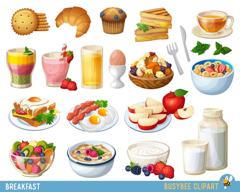 May include: A colorful illustration of breakfast foods, including a croissant, muffins, cereal, fruit, yogurt, eggs, bacon, toast, juice, milk, and coffee. The illustration is perfect for use in a breakfast-themed design project.