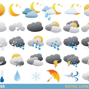 Imágenes prediseñadas del tiempo, Imágenes digitales de pronóstico del tiempo, Iconos meteorológicos lindos, Imágenes prediseñadas en la nube, Imágenes prediseñadas de lluvia, Imágenes prediseñadas de tormentas, Imágenes PNG