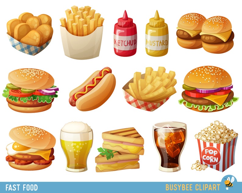 May include: Cartoon illustration of fast food items including burgers, fries, hot dogs, popcorn, ketchup, mustard, soda, and beer. The text 'FAST FOOD' is at the bottom left and 'BUSYBEE CLIPART' is at the bottom right.