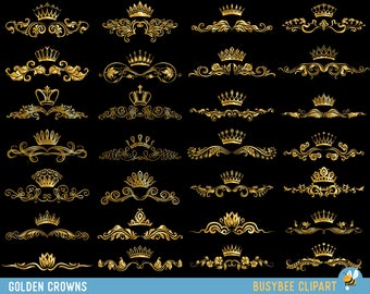 Crown Clipart, King Queen Crown Clip Art, Royal Crown Clipart, GOLD Digital Borders Frames Ornate Retro Vintage Wedding Text Dividers