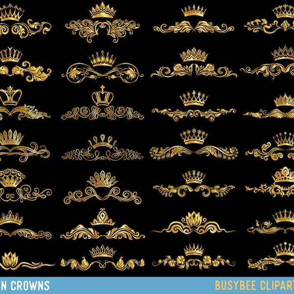 Crown Clipart, King Queen Crown Clip Art, Royal Crown Clipart, GOLD Digital Borders Frames Ornate Retro Vintage Wedding Text Dividers