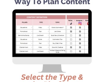 May include: A computer monitor displays a content planning guide. The screen shows a table with columns for pillars, type, topic, and social media platforms. Text at the top reads "A Simple & Effective Way To Plan Content."