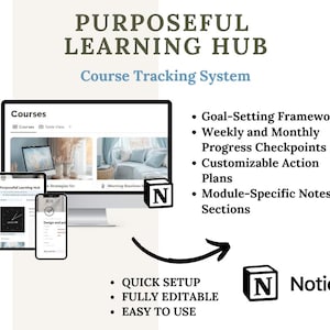 May include: A digital product display featuring a computer monitor, tablet, and smartphone showcasing a course tracking system. The text reads "Purposeful Learning Hub" and "Course Tracking System." Additional text highlights features like goal-setting frameworks and customizable action plans.