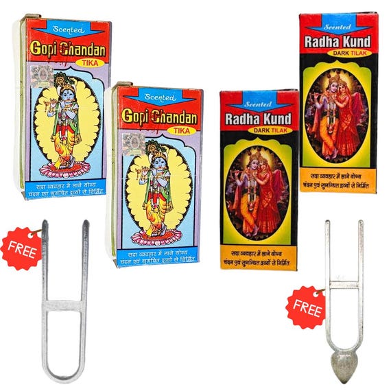 Vrindavan Store Vaishnava Tilak Stamp Pack Of 6, Roli, Keshar Chandan Tika And Gopi Chandan Set