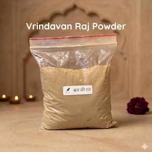 May include: A clear plastic bag filled with Vrindavan Raj Powder. The bag is sealed with a red zipper. The text "Vrindavan Raj Powder" is printed at the top. A small label with text in a foreign language is on the bag.