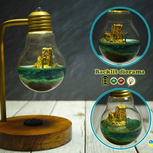 Diorama in a lamp. Loch Ness Monster, Nessie. Illuminated miniature diorama, Loch Ness Lake