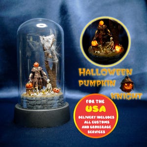 Halloween diorama, gothic miniature with a pumpkin warrior. Miniature horror scene