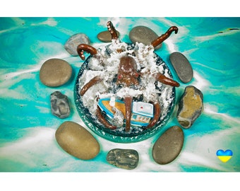 Marine style decor, Epoxy mini diorama, deep sea octopus and fishing boat. Raging sea, big foamy waves.