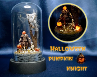 Halloween diorama, gothic miniature with a pumpkin warrior. Miniature horror scene