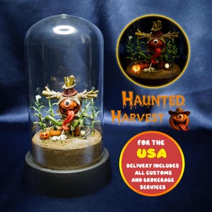 Decorative diorama “Haunted Harvest” – Halloween decor, pumpkin scarecrow, horror-style miniature, gothic gift.