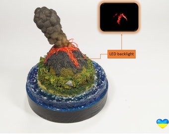 Miniature island, diorama with an active volcano (backlit) in the middle of the ocean. Great little home decor for a shelf or dresser