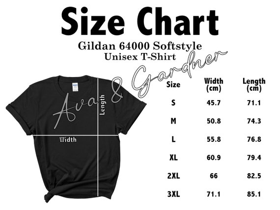 Size Chart Gildan 64000 Softstyle Mockup Black Shirt White | Etsy