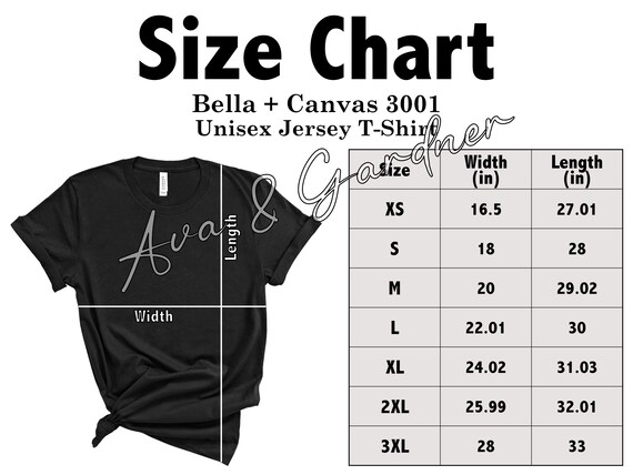 Size Chart Bella Canvas 3001 Mockup Black Shirt White | Etsy